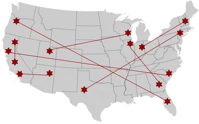 Map of USA with hypothetical classroom locations connected by lines representing collaboration